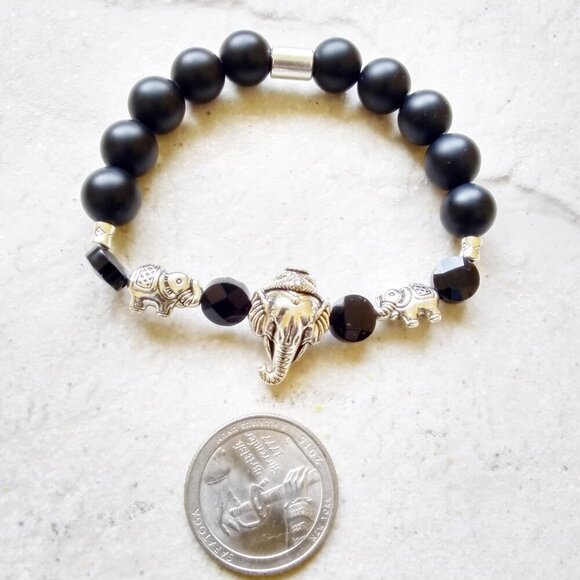 Chunky!!! Beaded Black & Silver Elephant Stretch Bracelet - Black Stone Beads - Picture 5 of 9